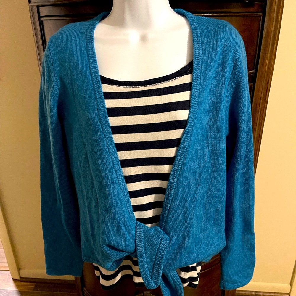Turquoise Wool Tie Sweater & Stripe Black/White Cotton Top, both size Large
